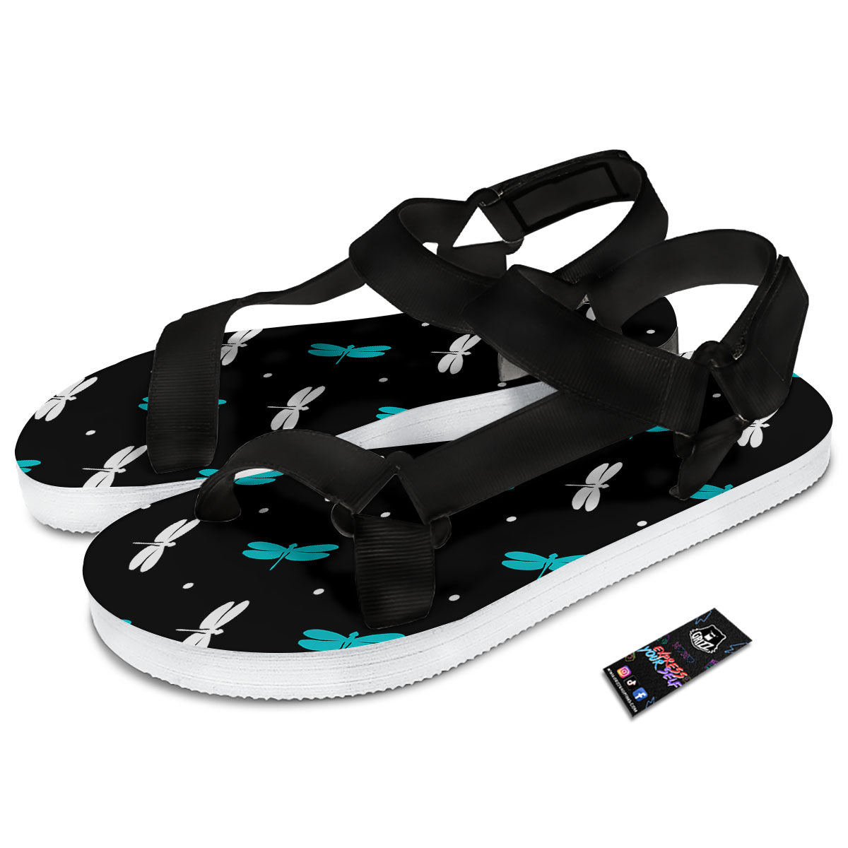 Dragonfly Polka Dot Print Pattern Black Open Toe Sandals-grizzshop
