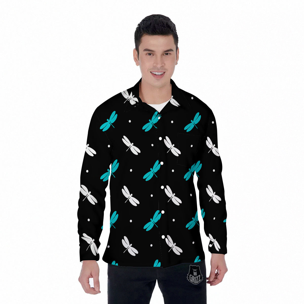 Dragonfly Polka Dot Print Pattern Men's Long Sleeve Shirts-grizzshop