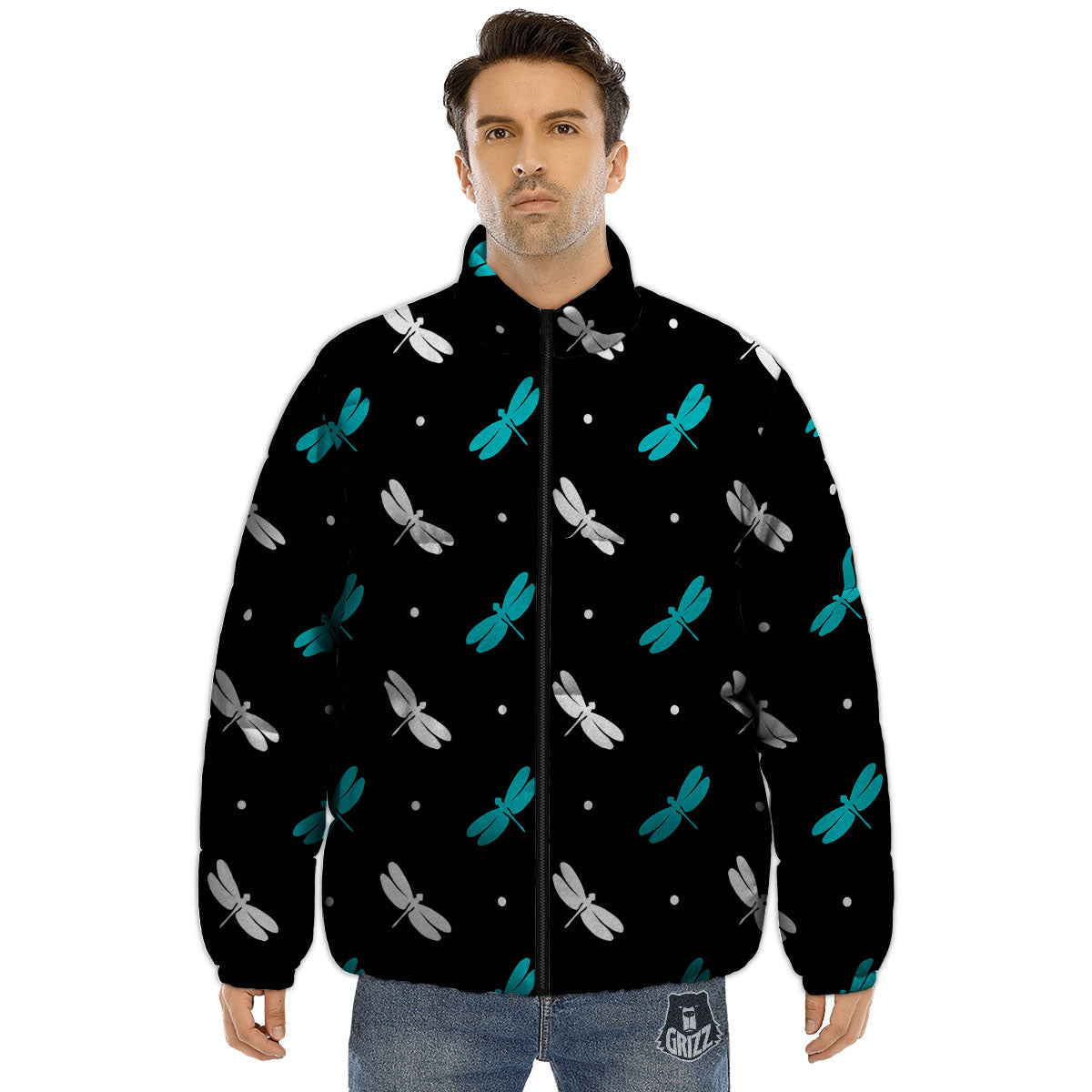 Dragonfly Polka Dot Print Pattern Puffer Jacket-grizzshop