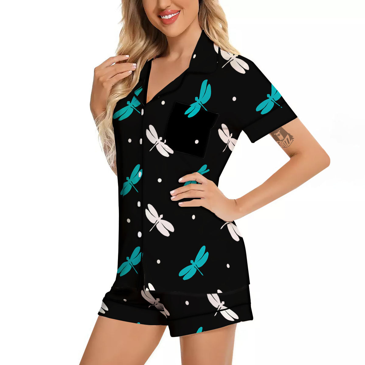 Dragonfly Polka Dot Print Pattern Women Silk Pajamas-grizzshop