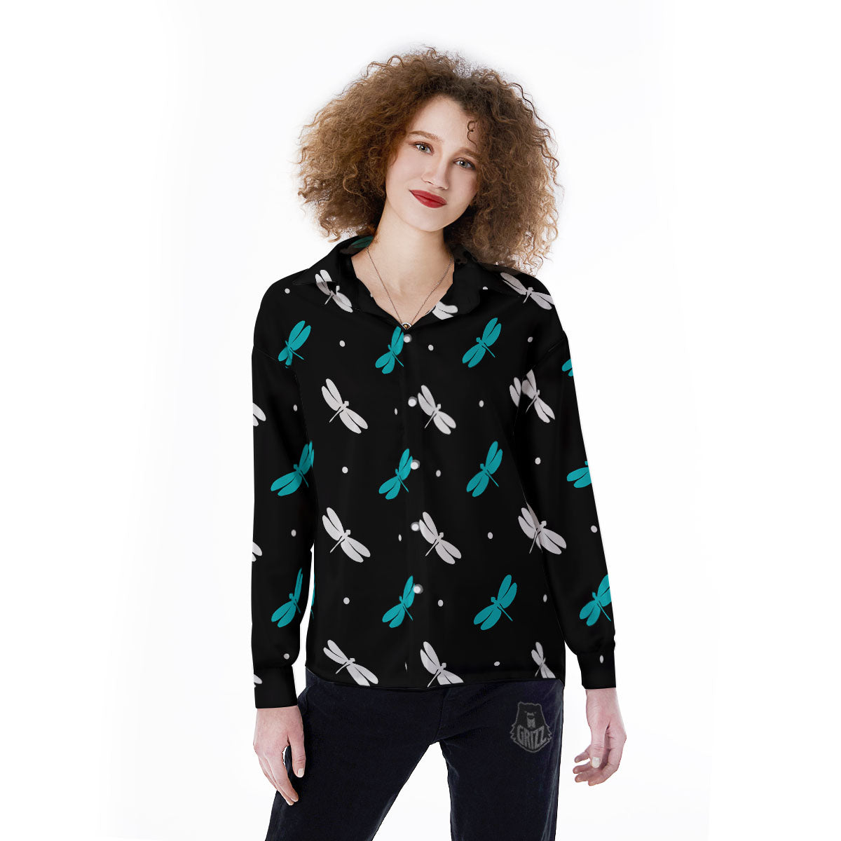 Dragonfly Polka Dot Print Pattern Women's Long Sleeve Shirts-grizzshop
