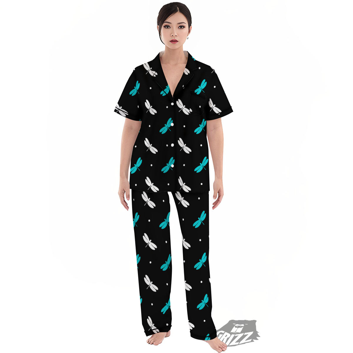 Dragonfly Polka Dot Print Pattern Women's Pajamas Set-grizzshop