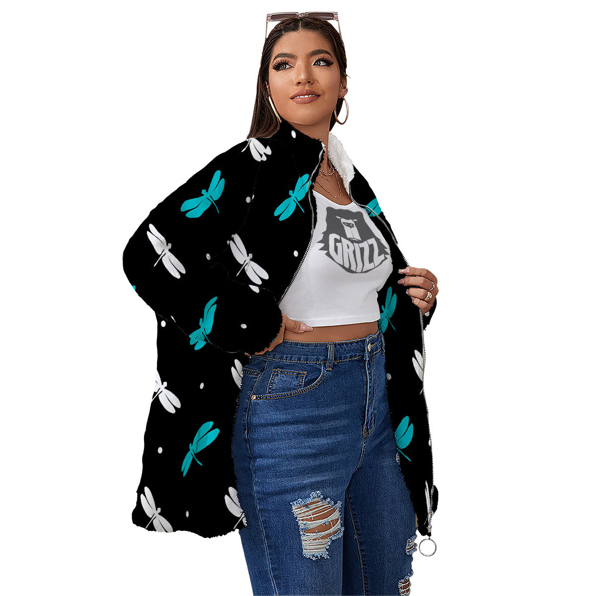 Dragonfly Polka Dot Print Pattern Women's Sherpa Jacket-grizzshop