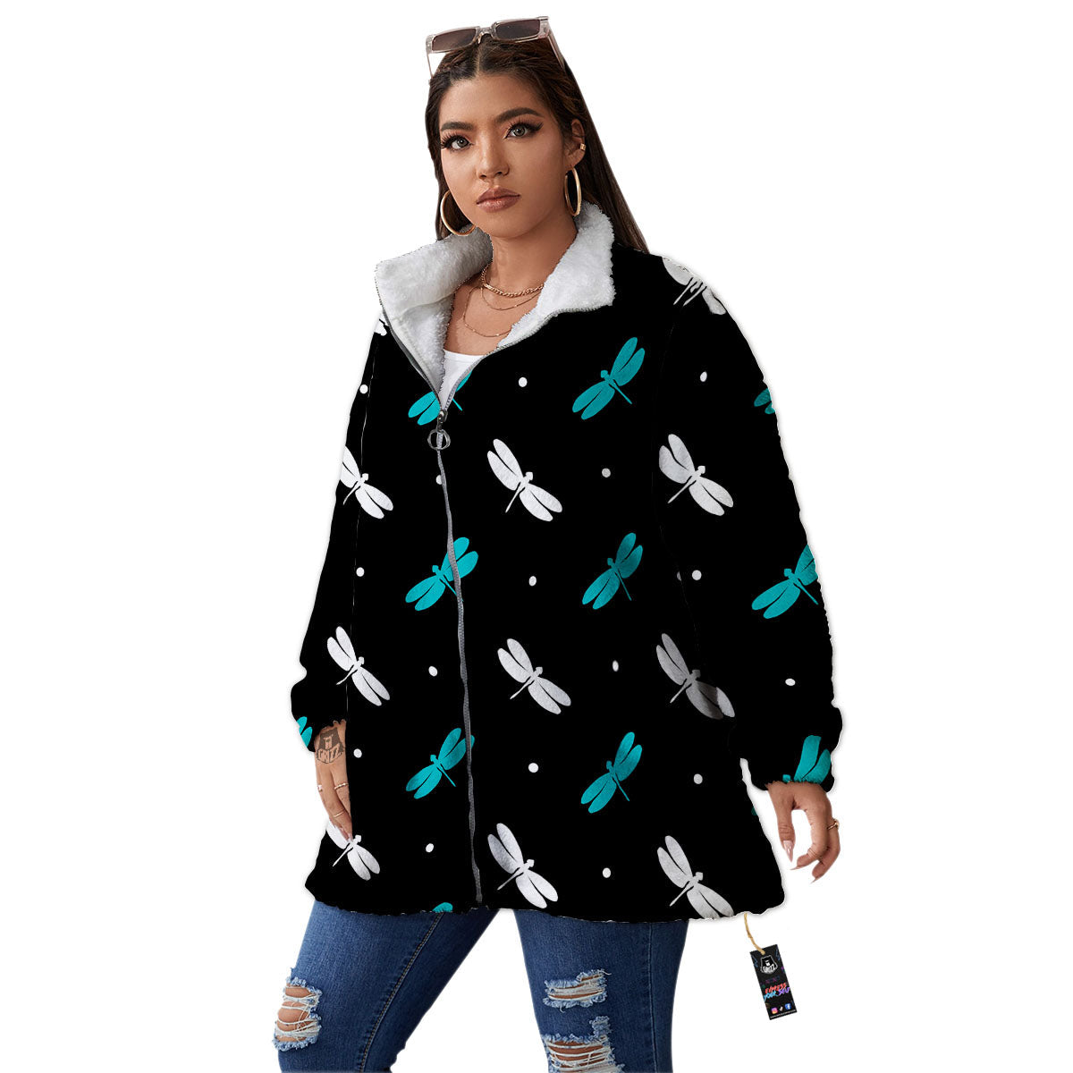 Dragonfly Polka Dot Print Pattern Women's Sherpa Jacket-grizzshop