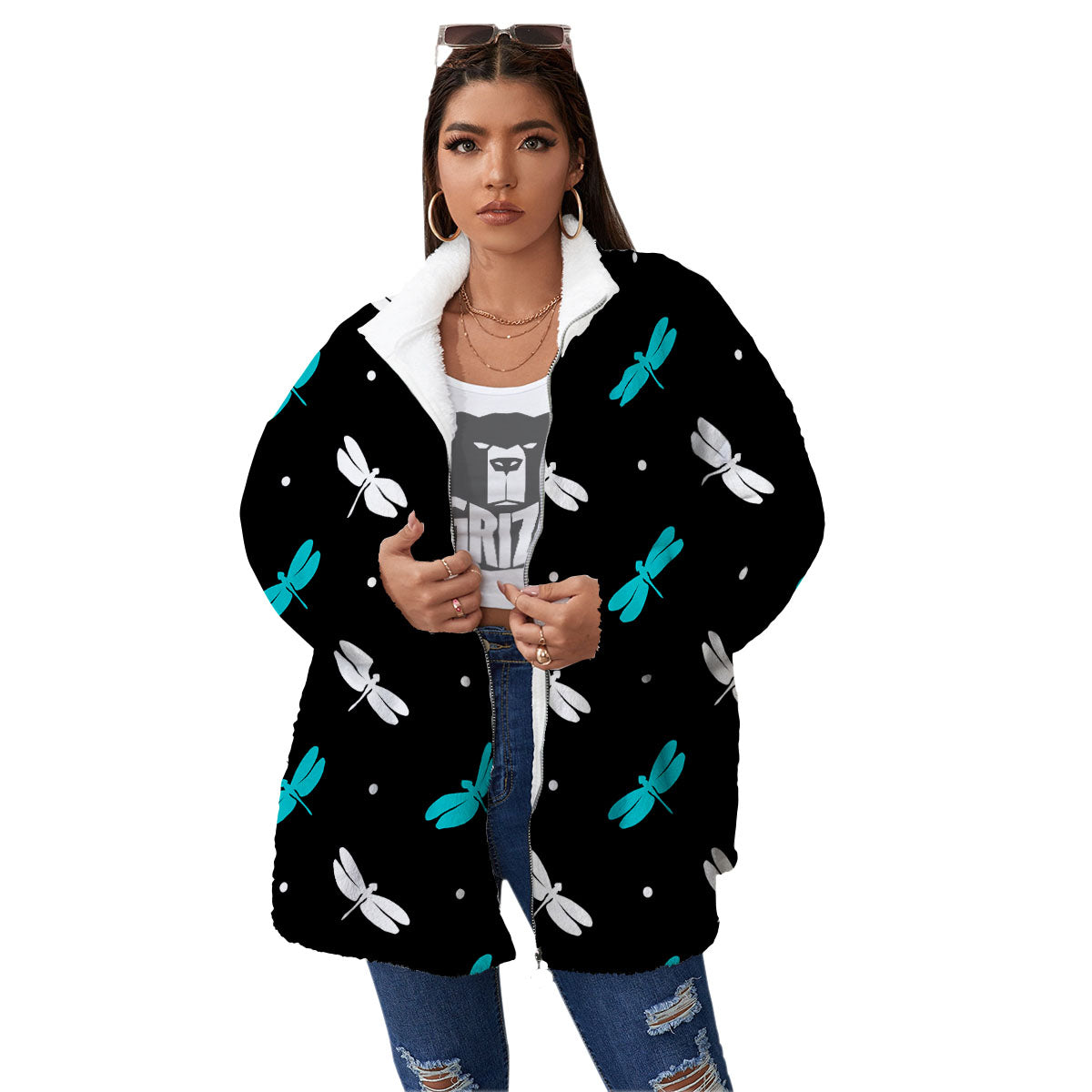 Dragonfly Polka Dot Print Pattern Women's Sherpa Jacket-grizzshop