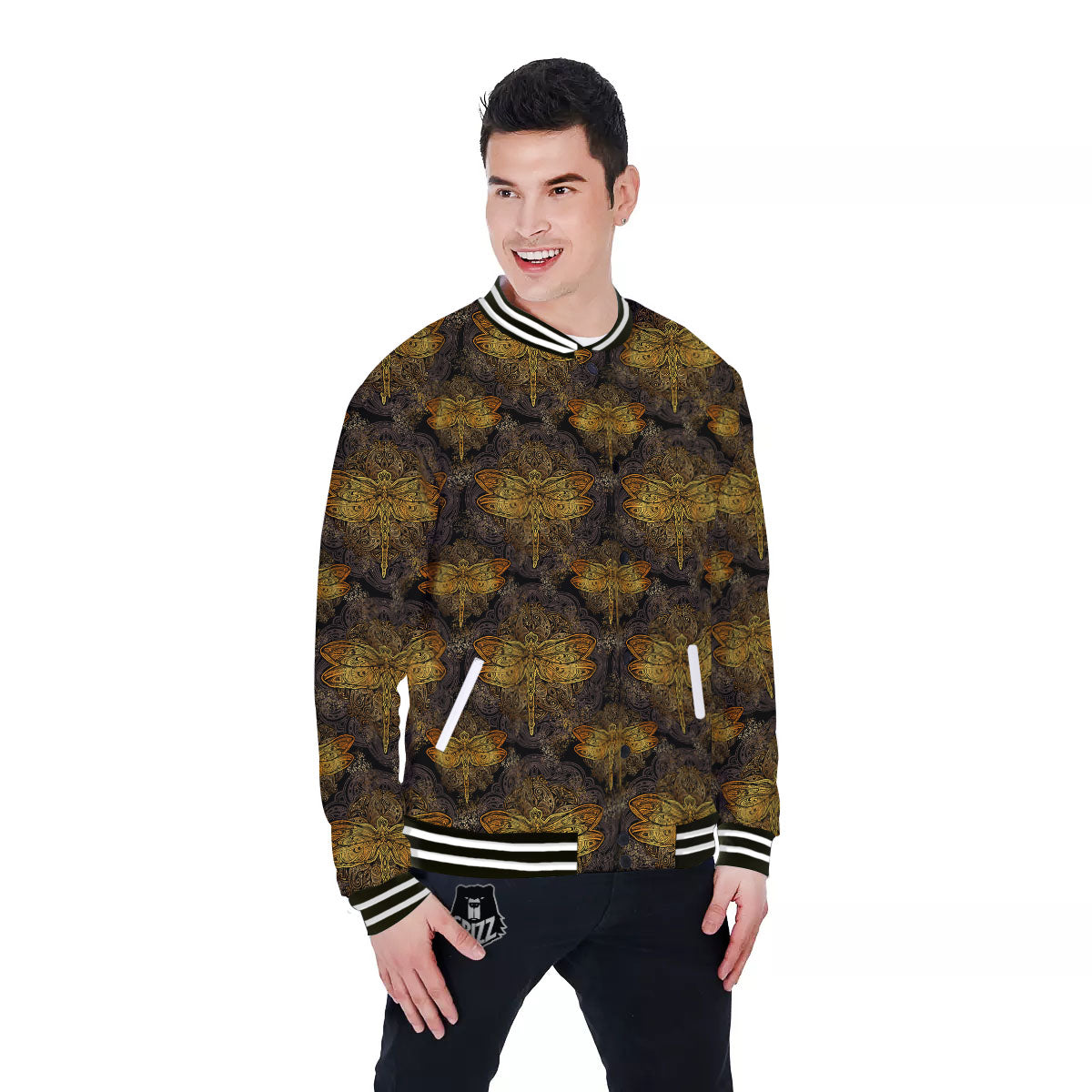 Dragonfly Spiritual Golden Print Baseball Jacket-grizzshop