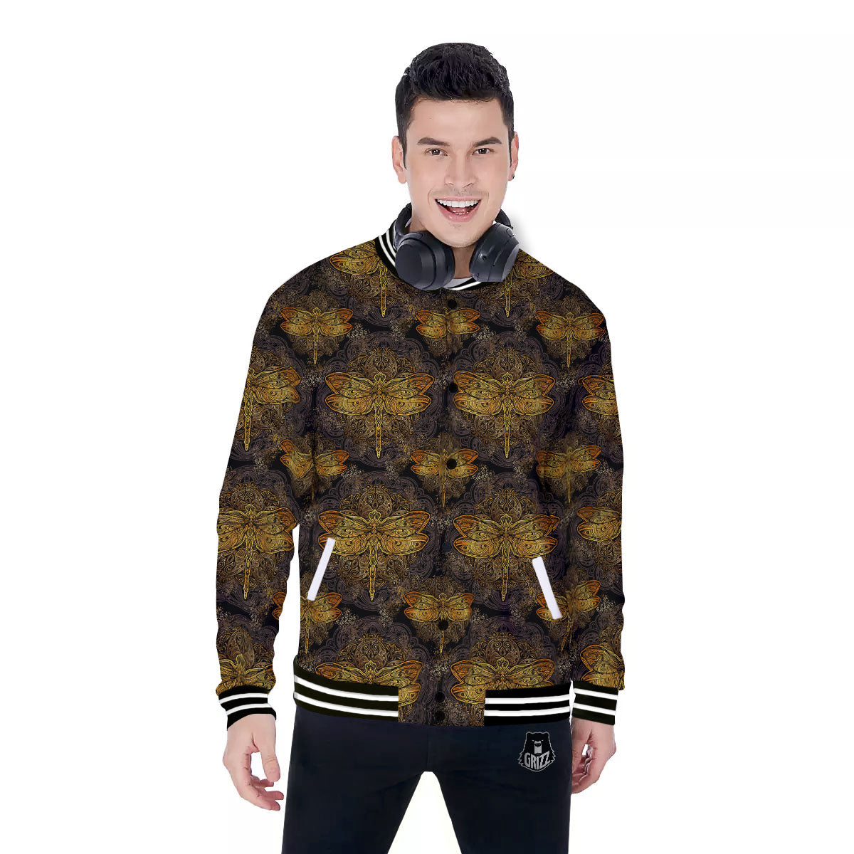 Dragonfly Spiritual Golden Print Baseball Jacket-grizzshop