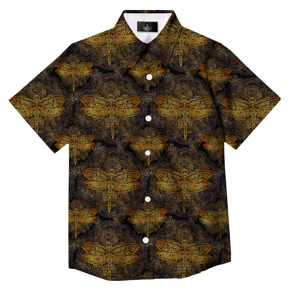 Dragonfly Spiritual Golden Print Button Up Shirt-grizzshop