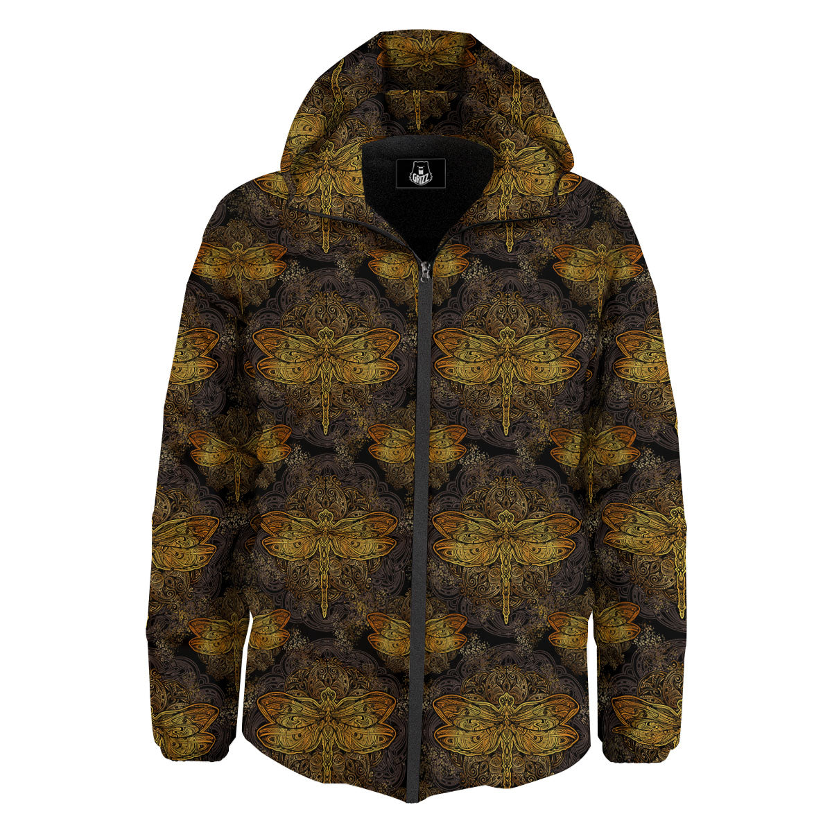 Dragonfly Spiritual Golden Print Down Jacket-grizzshop