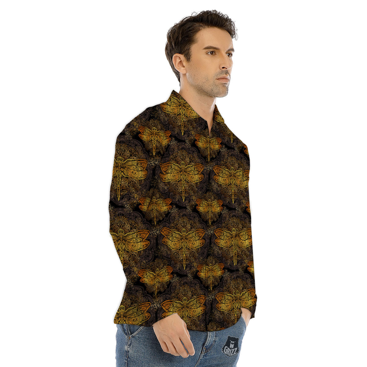 Dragonfly Spiritual Golden Print Men's Dress Shirts-grizzshop