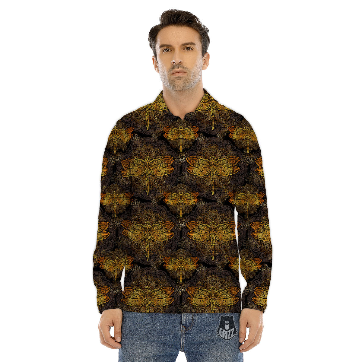 Dragonfly Spiritual Golden Print Men's Dress Shirts-grizzshop