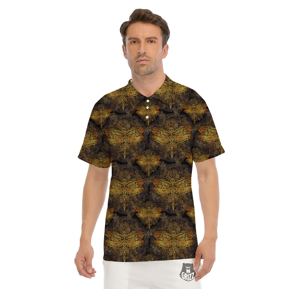 Dragonfly Spiritual Golden Print Men's Golf Shirts-grizzshop