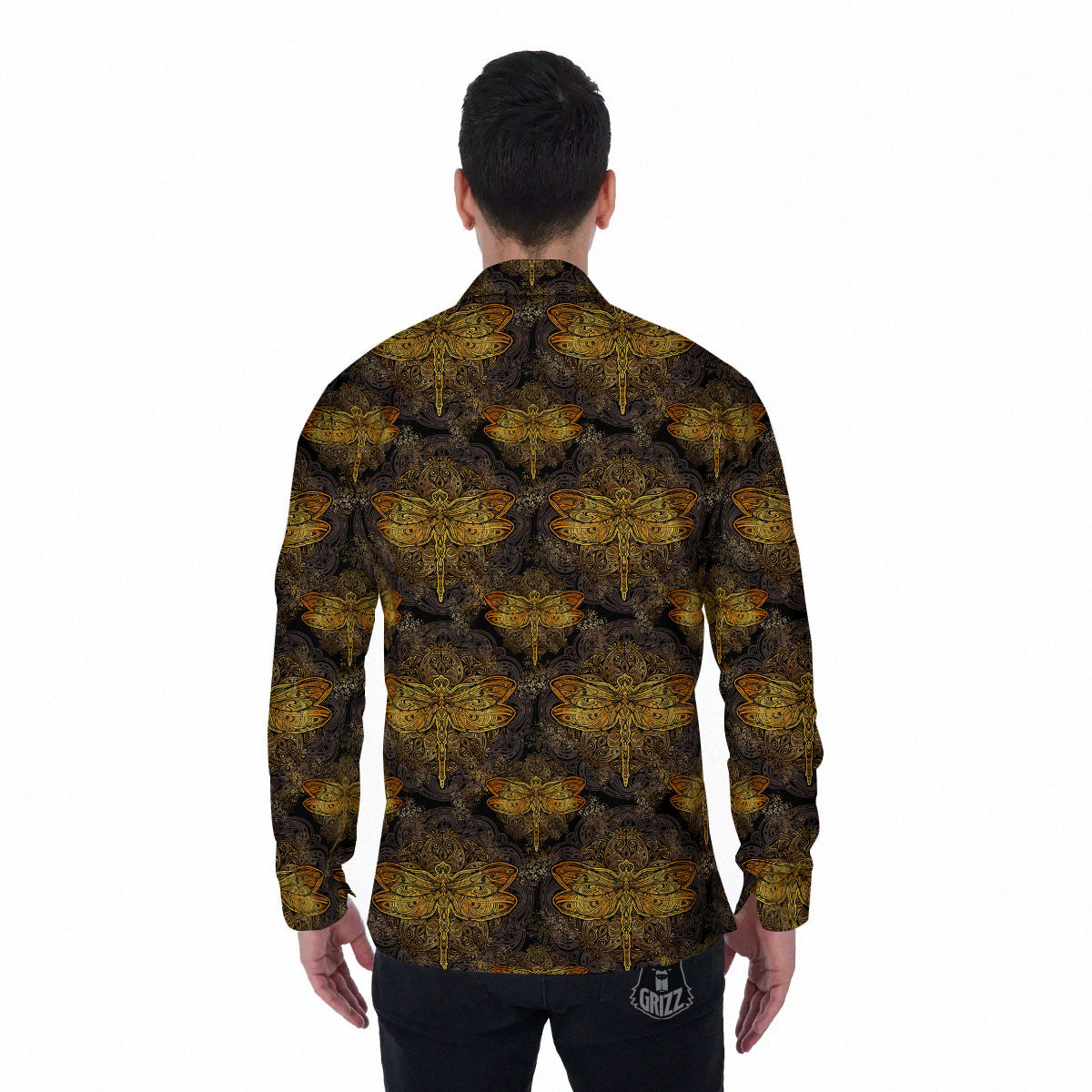 Dragonfly Spiritual Golden Print Men's Long Sleeve Shirts-grizzshop
