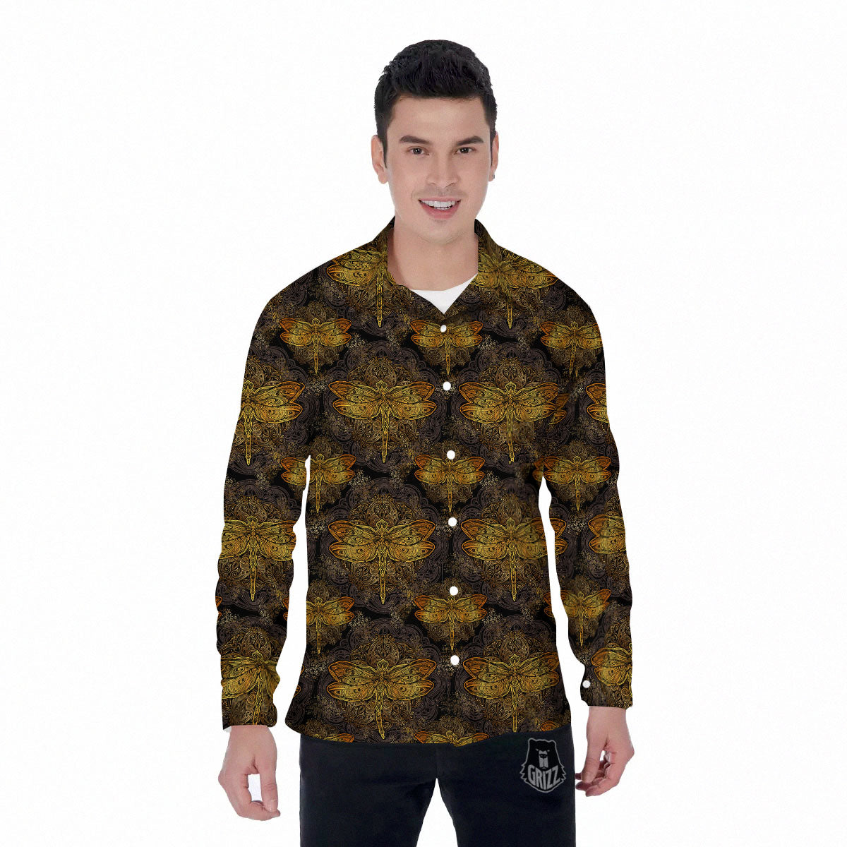 Dragonfly Spiritual Golden Print Men's Long Sleeve Shirts-grizzshop