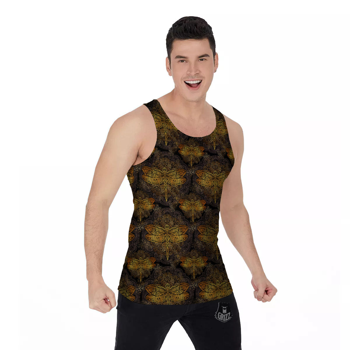 Dragonfly Spiritual Golden Print Men's Tank Top-grizzshop