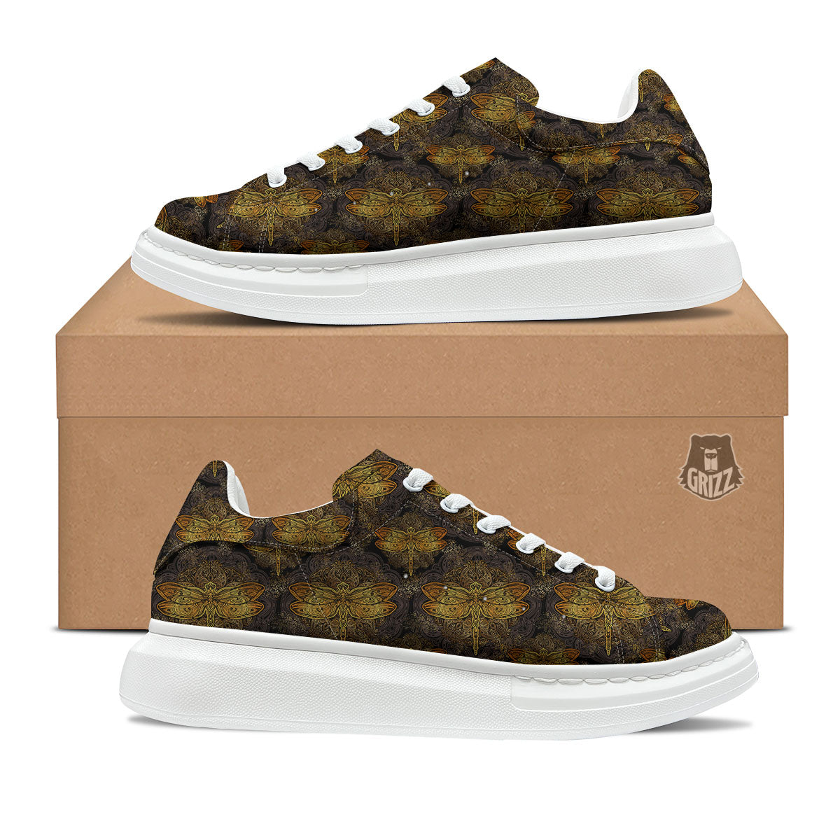 Dragonfly Spiritual Golden Print Platform Shoes-grizzshop