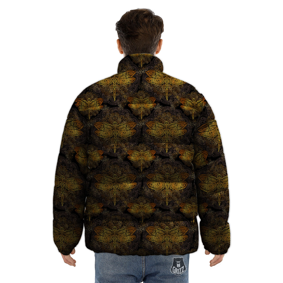 Dragonfly Spiritual Golden Print Puffer Jacket-grizzshop