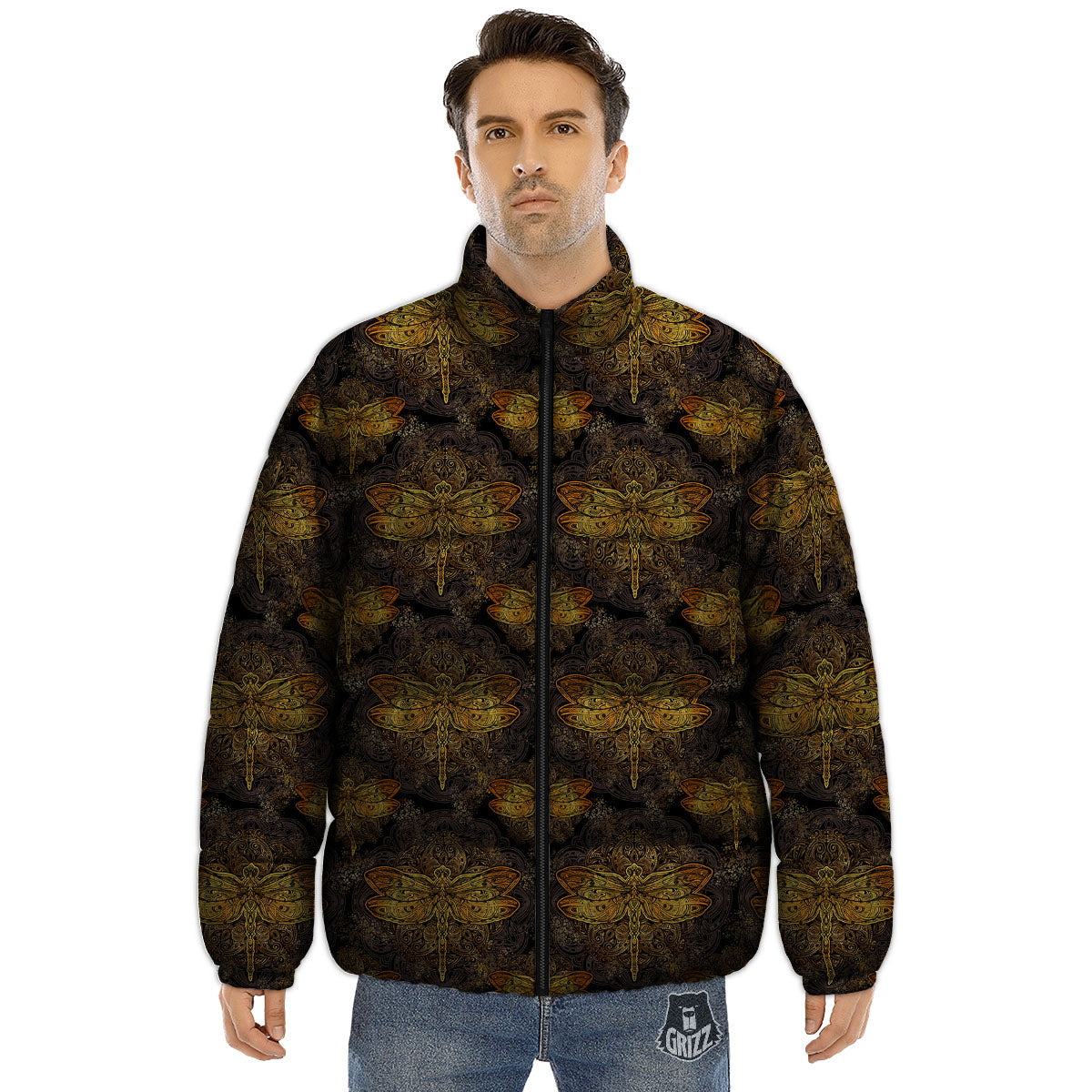Dragonfly Spiritual Golden Print Puffer Jacket-grizzshop