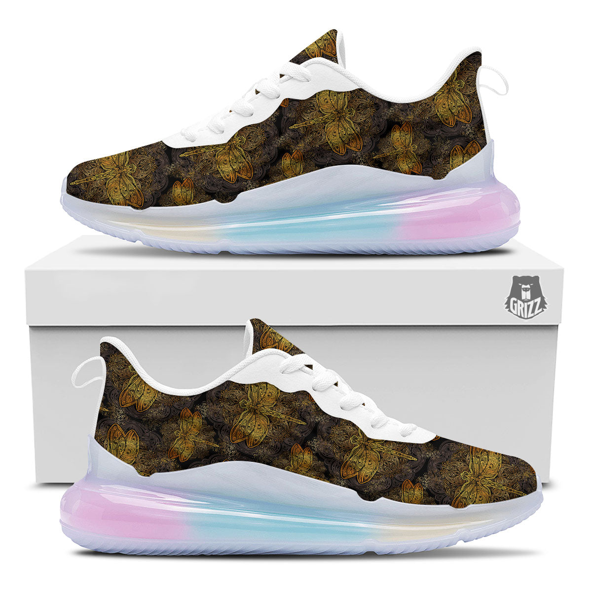 Dragonfly Spiritual Golden Print Running Sneakers-grizzshop