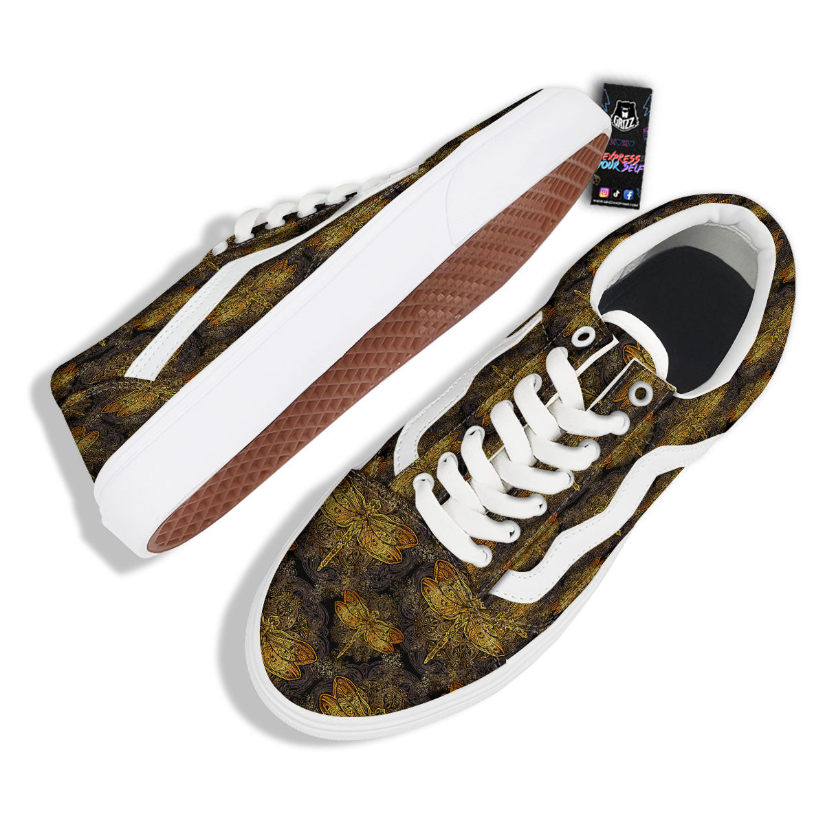 Dragonfly Spiritual Golden Print Skate Shoes-grizzshop