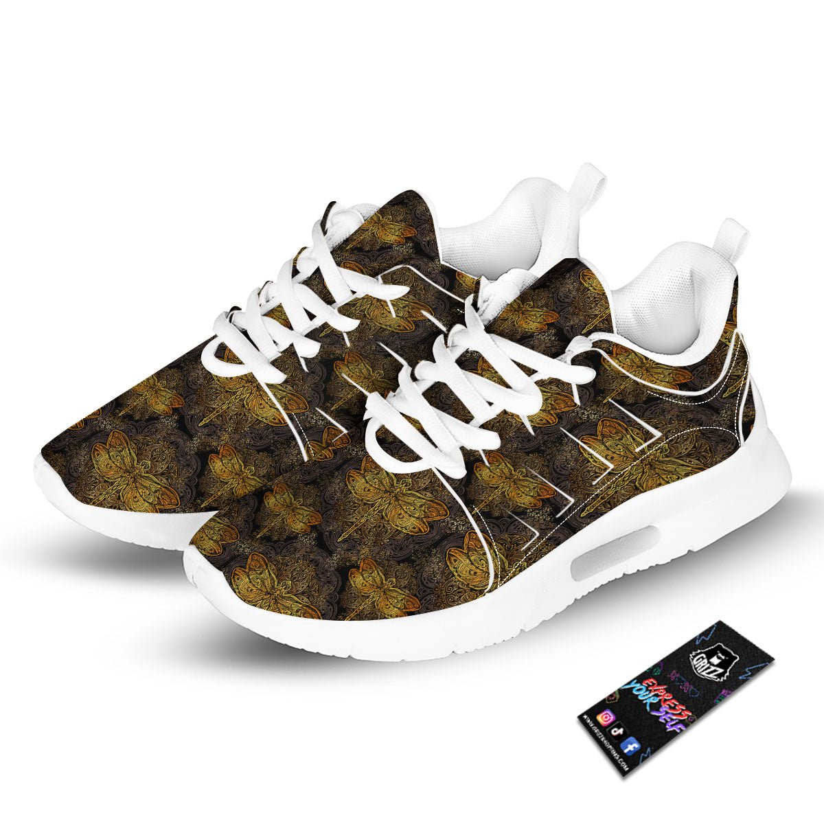 Dragonfly Spiritual Golden Print Tennis Shoes-grizzshop