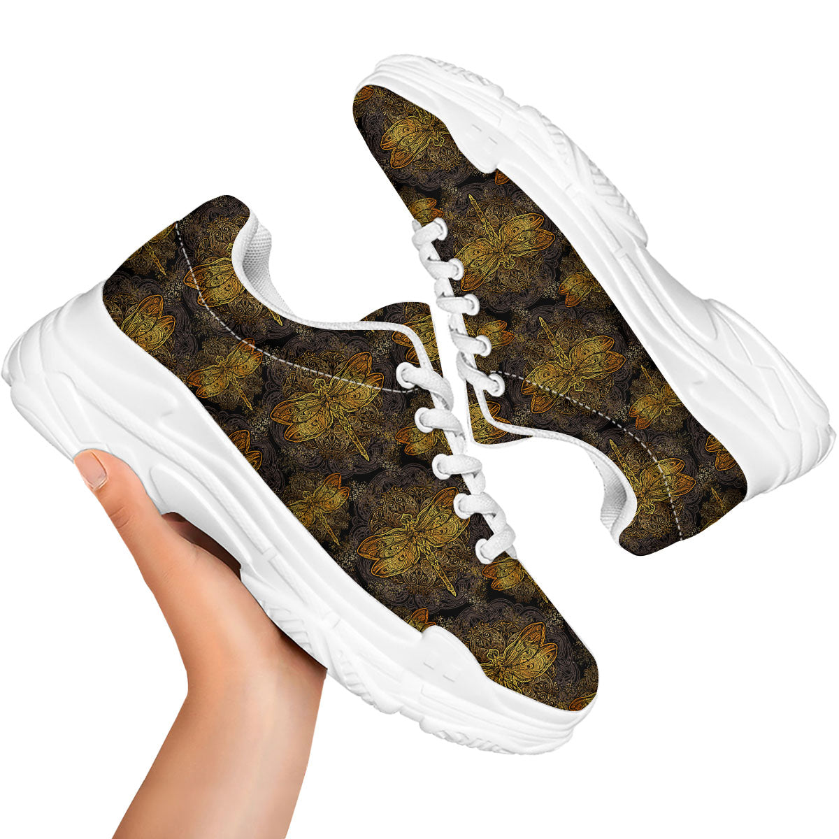 Dragonfly Spiritual Golden Print White Chunky Shoes-grizzshop