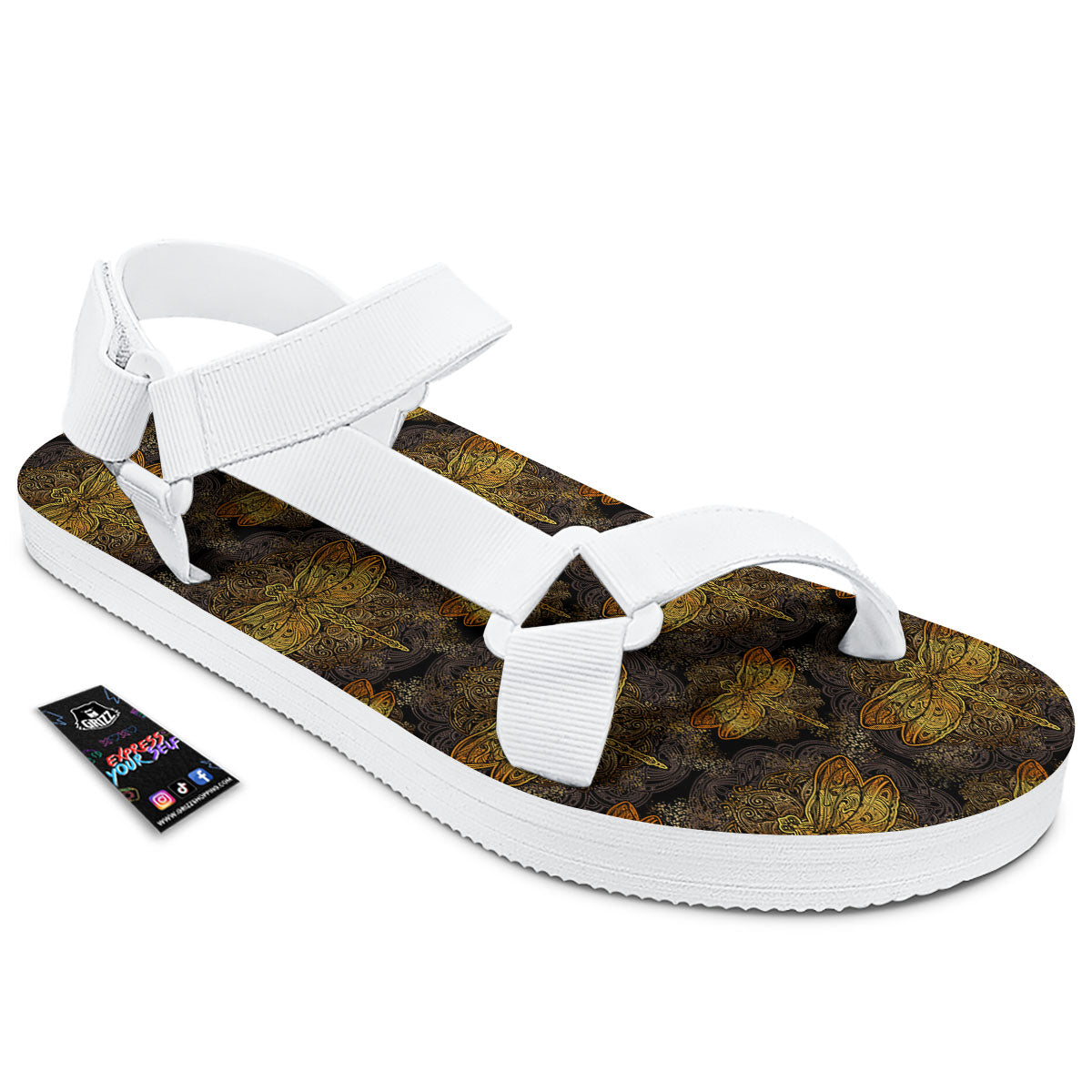 Dragonfly Spiritual Golden Print White Open Toe Sandals-grizzshop