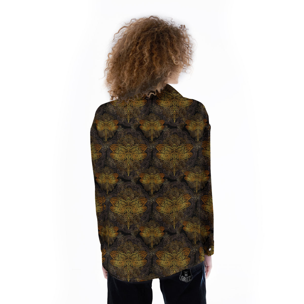 Dragonfly Spiritual Golden Print Women's Long Sleeve Shirts-grizzshop