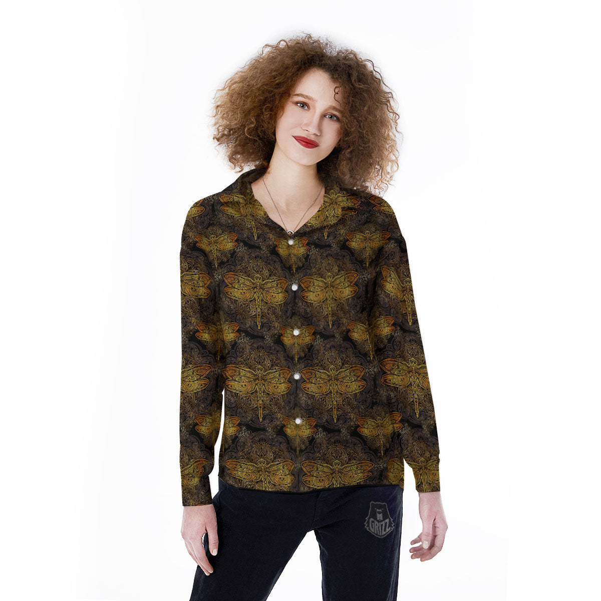 Dragonfly Spiritual Golden Print Women's Long Sleeve Shirts-grizzshop