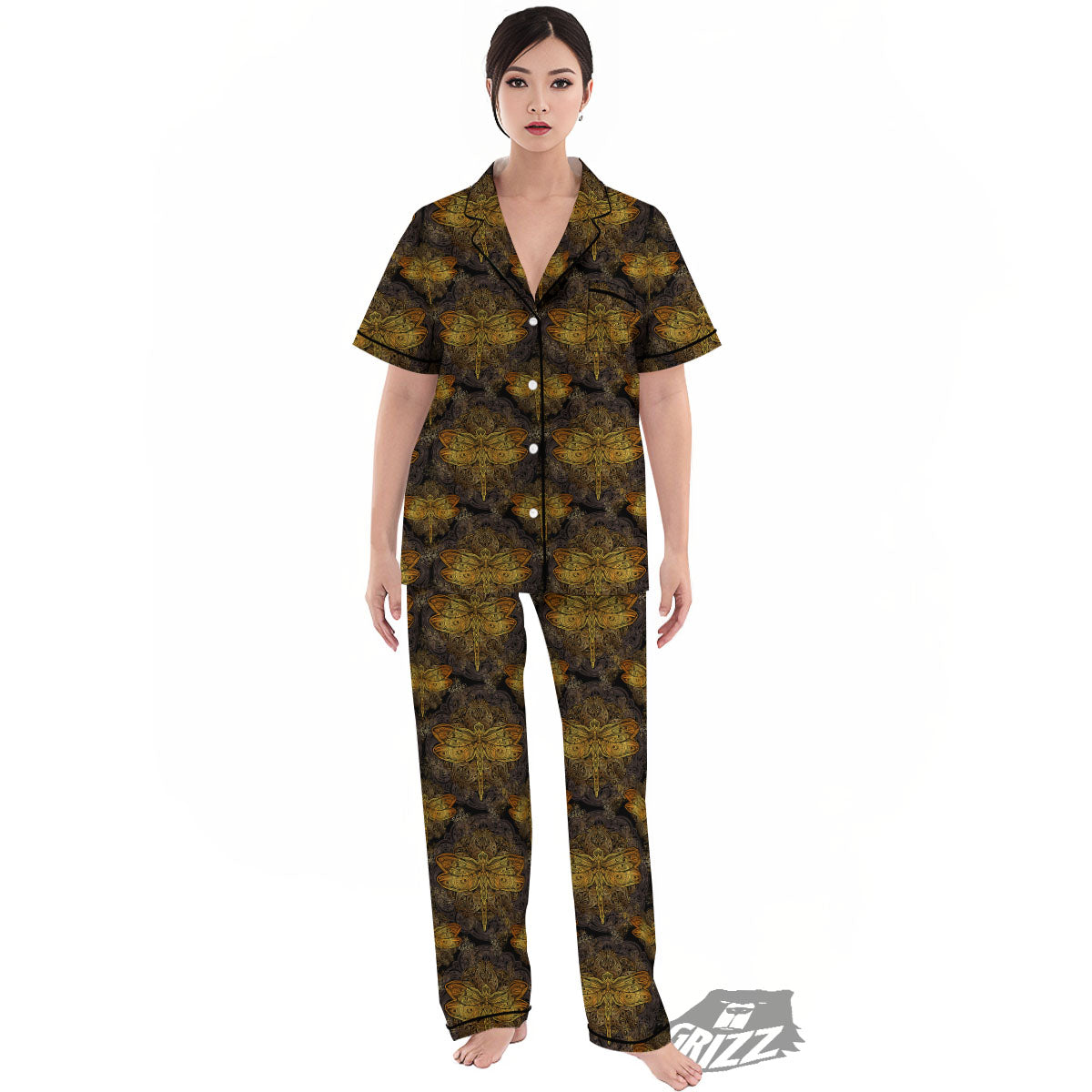 Dragonfly Spiritual Golden Print Women's Pajamas Set-grizzshop