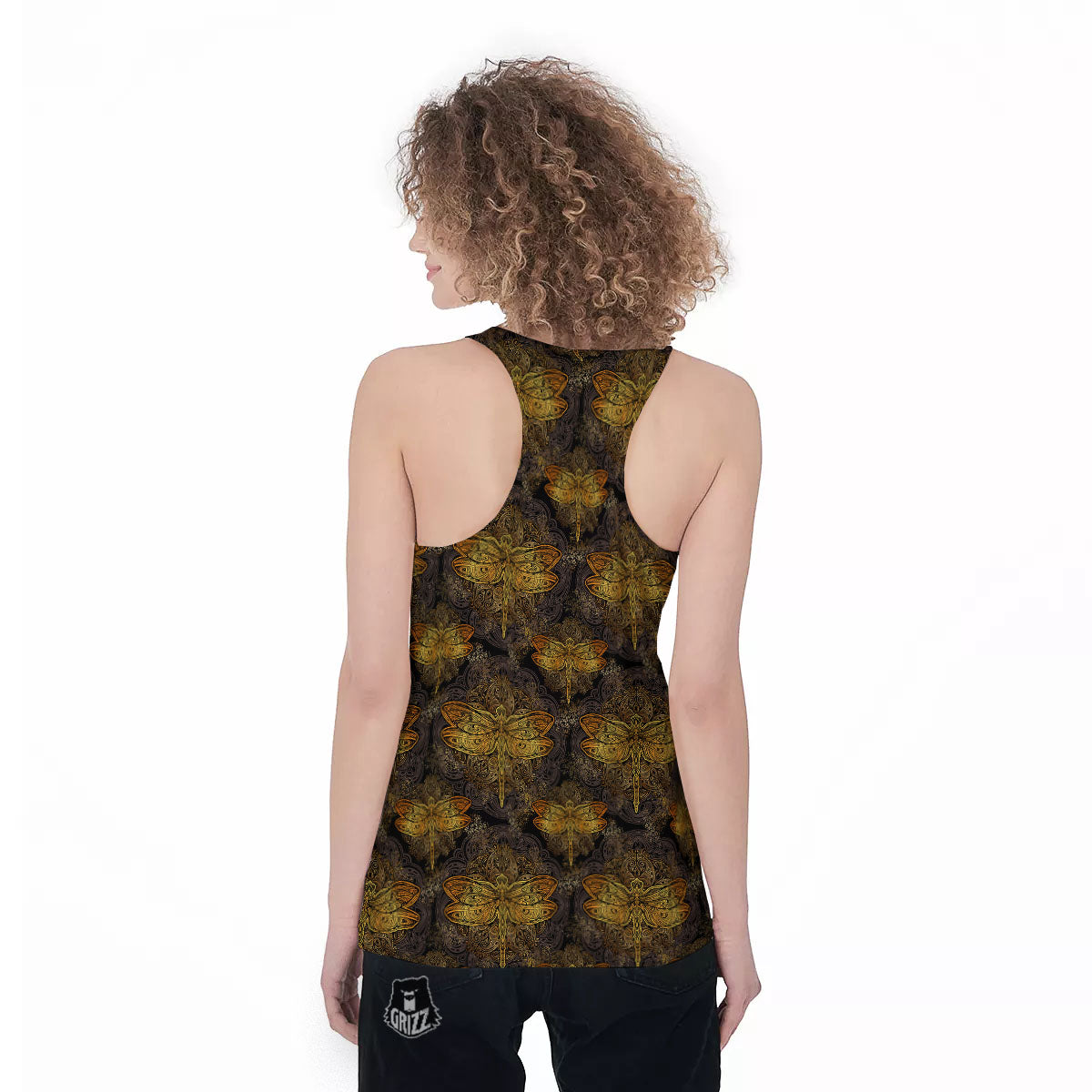 Dragonfly Spiritual Golden Print Women's Racerback Tank Top-grizzshop