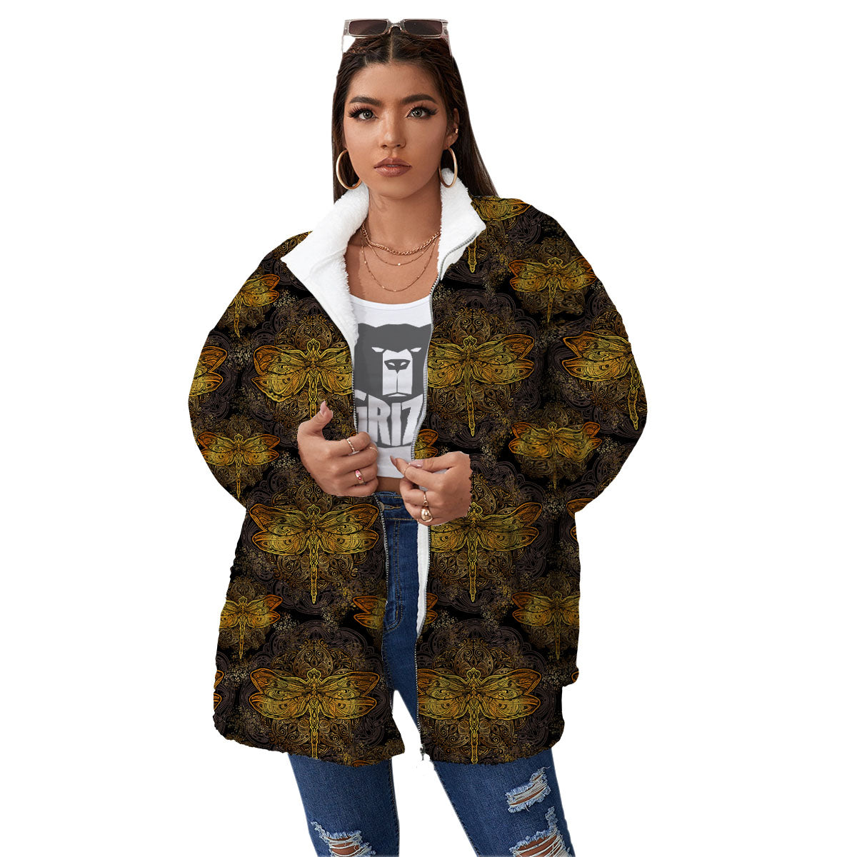 Dragonfly Spiritual Golden Print Women's Sherpa Jacket-grizzshop