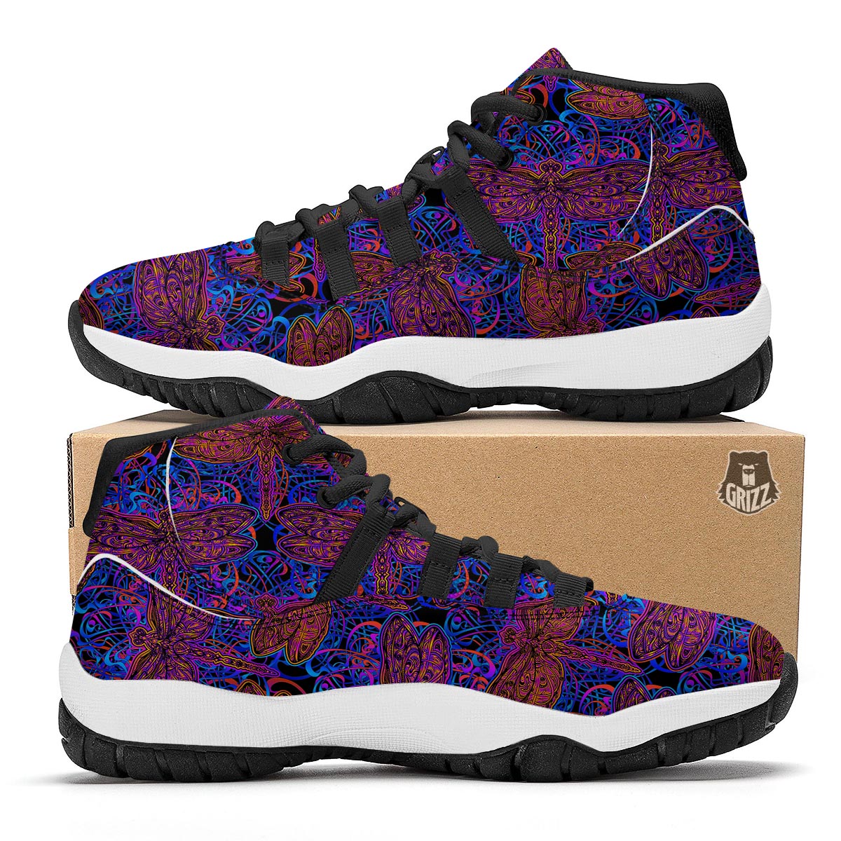 Dragonfly Trippy Print Pattern Black Bball Shoes-grizzshop