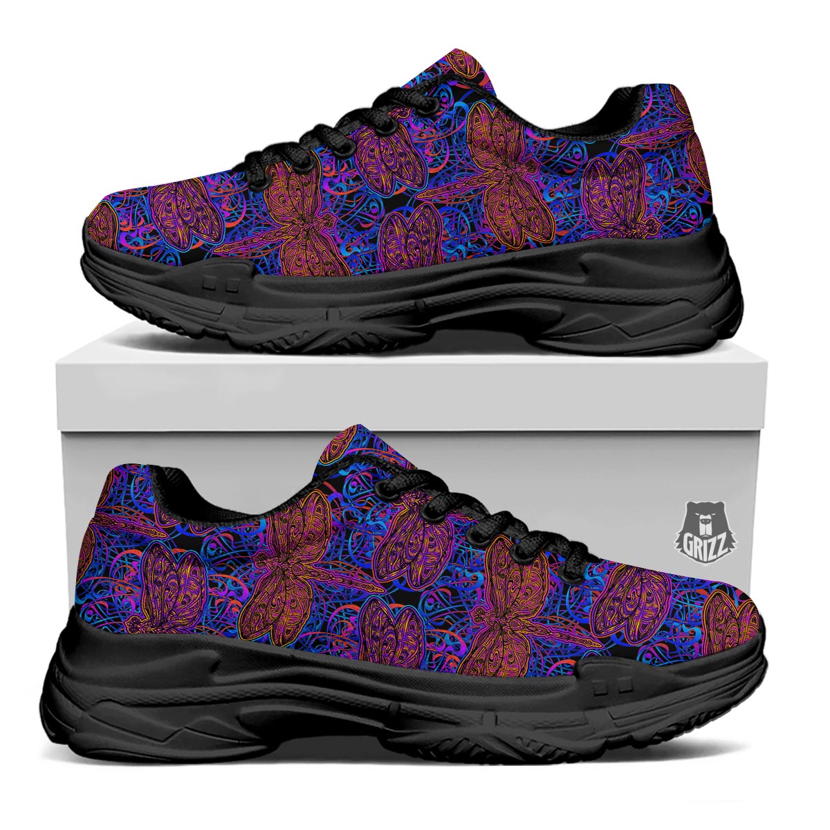 Dragonfly Trippy Print Pattern Black Chunky Shoes-grizzshop