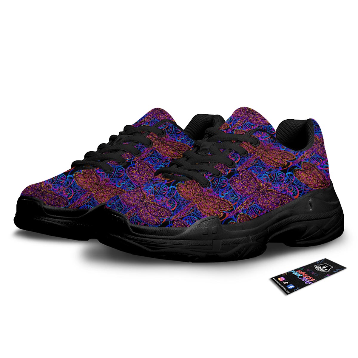Dragonfly Trippy Print Pattern Black Chunky Shoes-grizzshop