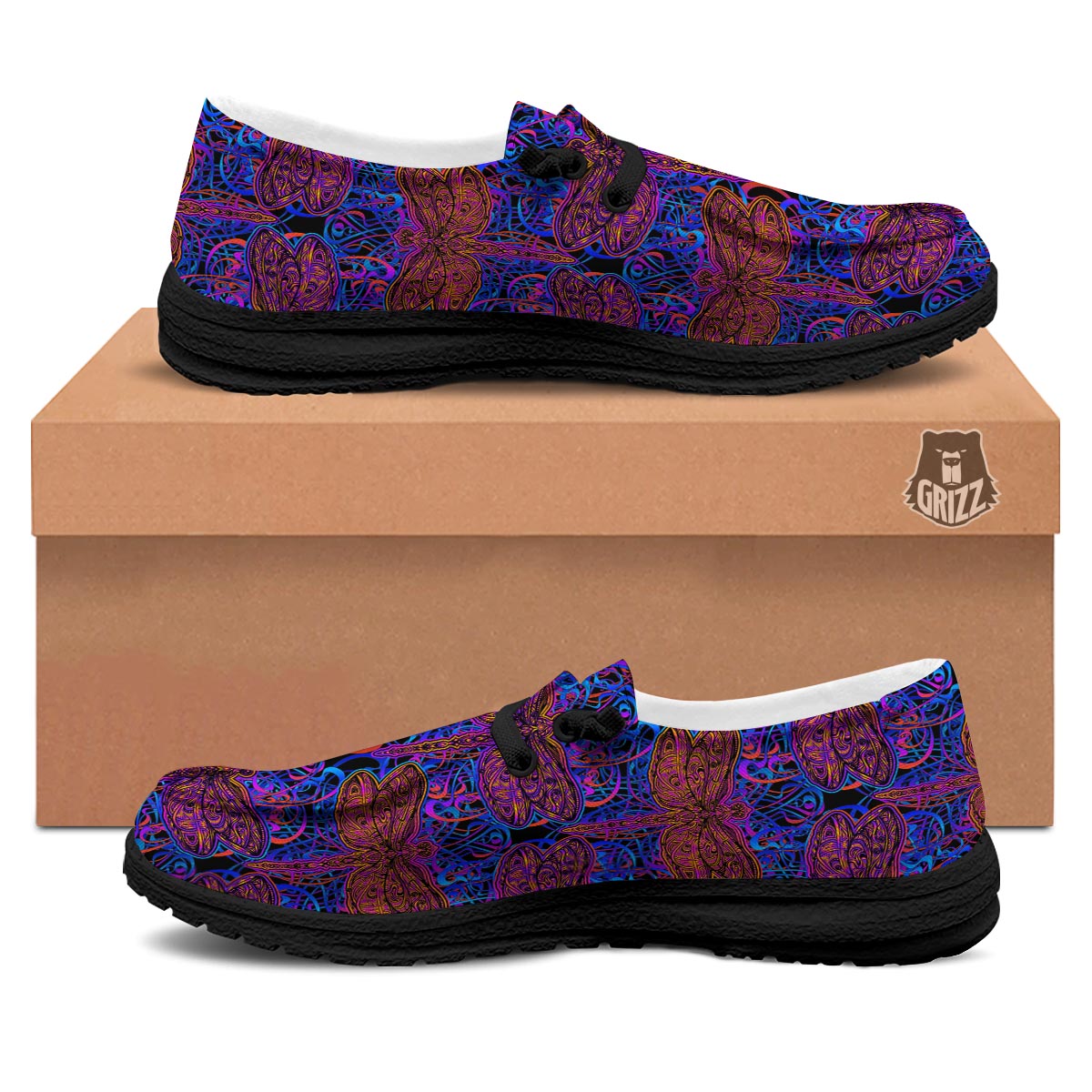 Dragonfly Trippy Print Pattern Black Loafers-grizzshop