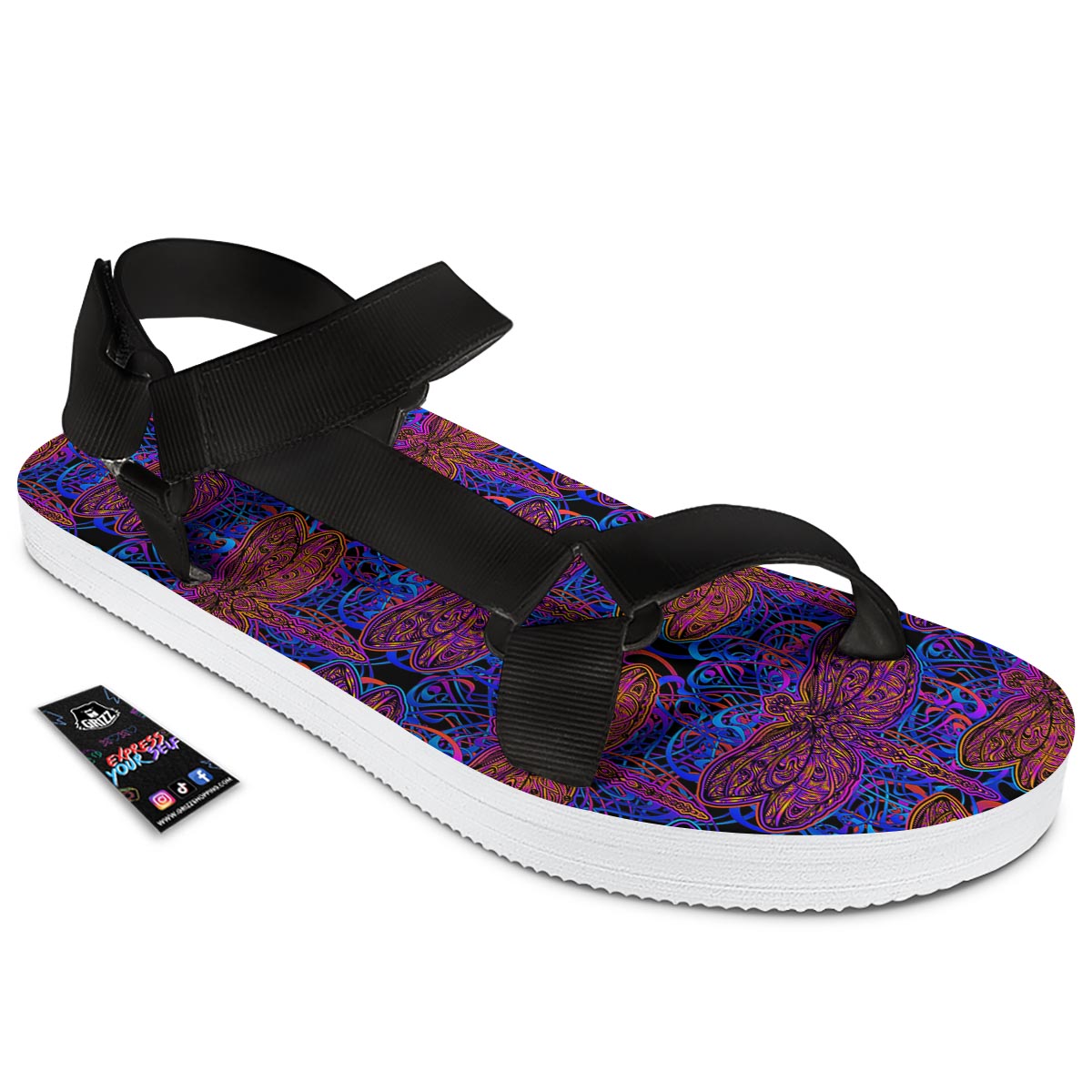 Dragonfly Trippy Print Pattern Black Open Toe Sandals-grizzshop