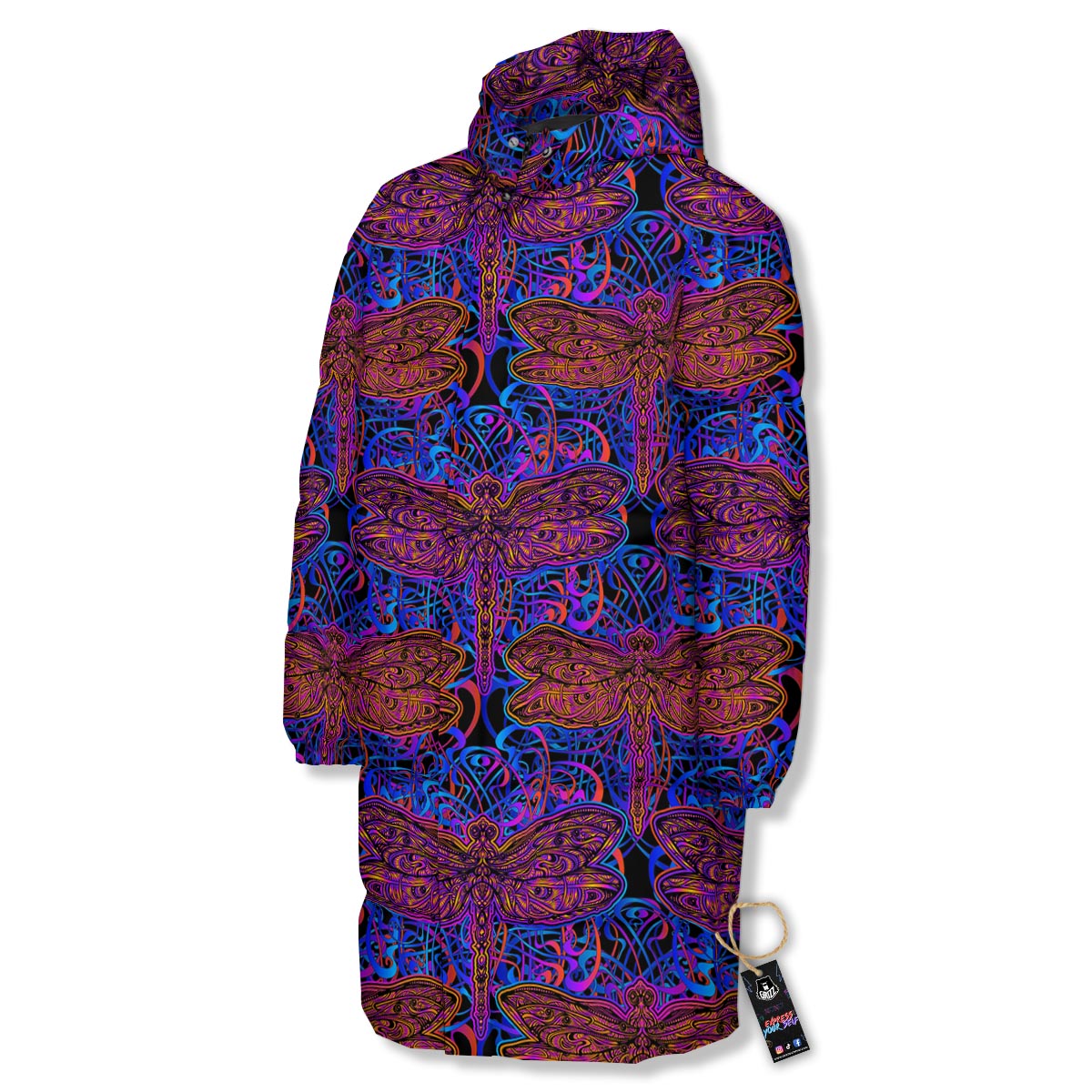 Dragonfly Trippy Print Pattern Long Down Jacket-grizzshop