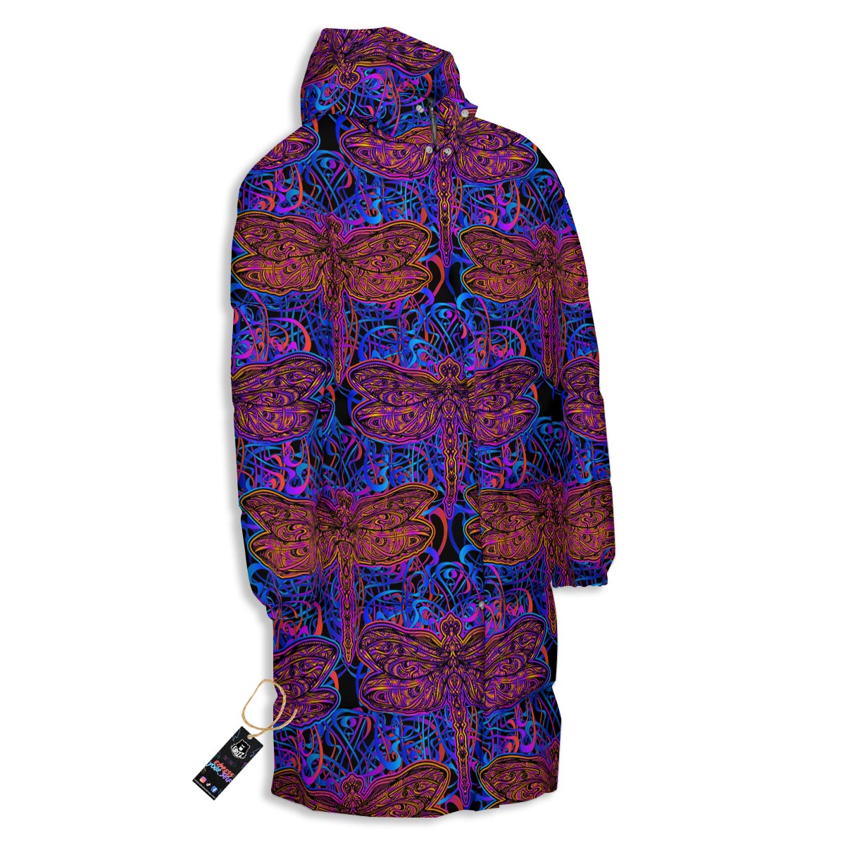 Dragonfly Trippy Print Pattern Long Down Jacket-grizzshop