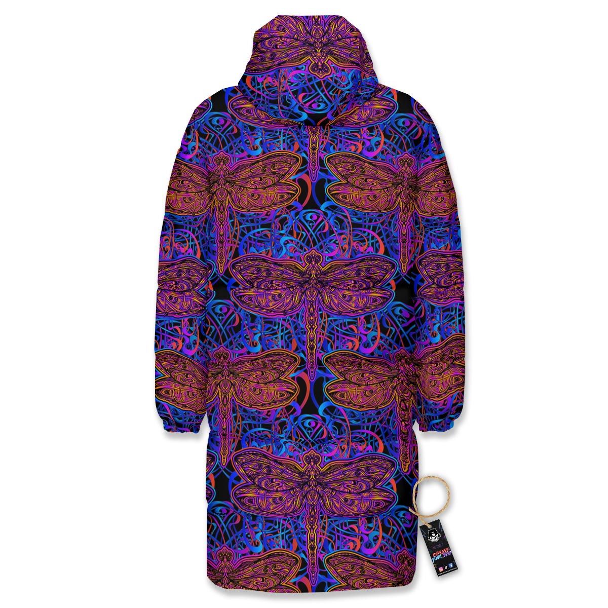 Dragonfly Trippy Print Pattern Long Down Jacket-grizzshop
