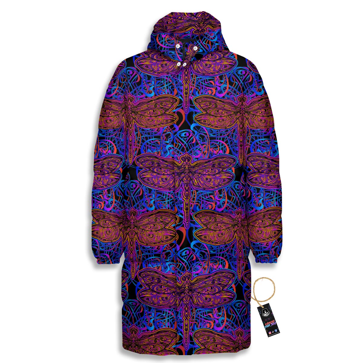 Dragonfly Trippy Print Pattern Long Down Jacket-grizzshop