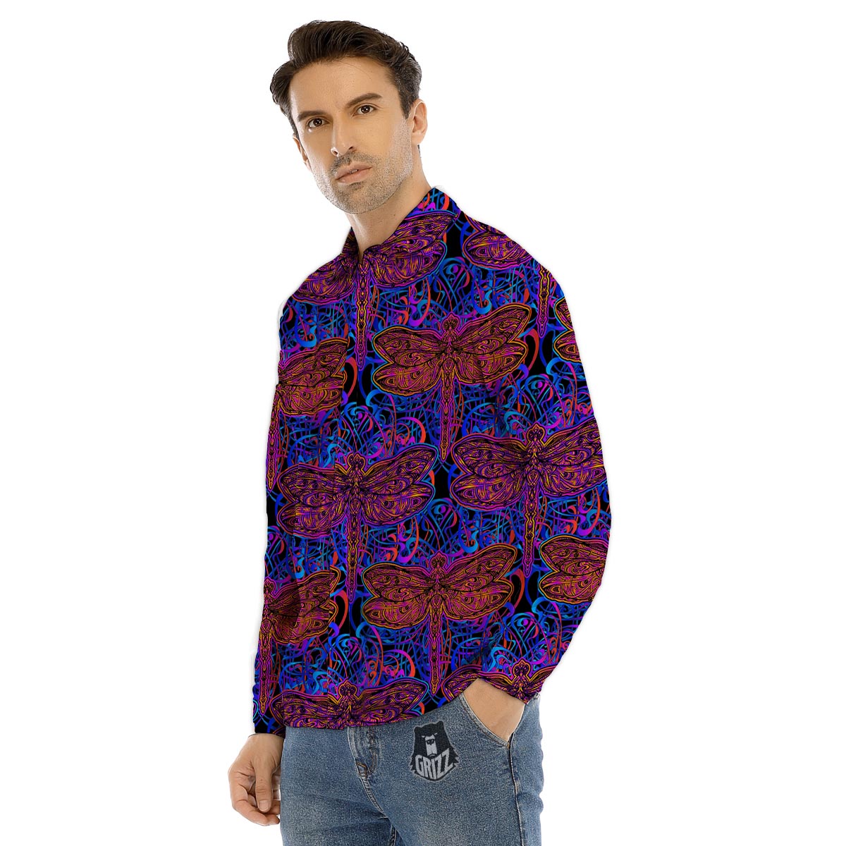 Dragonfly Trippy Print Pattern Men's Dress Shirts-grizzshop