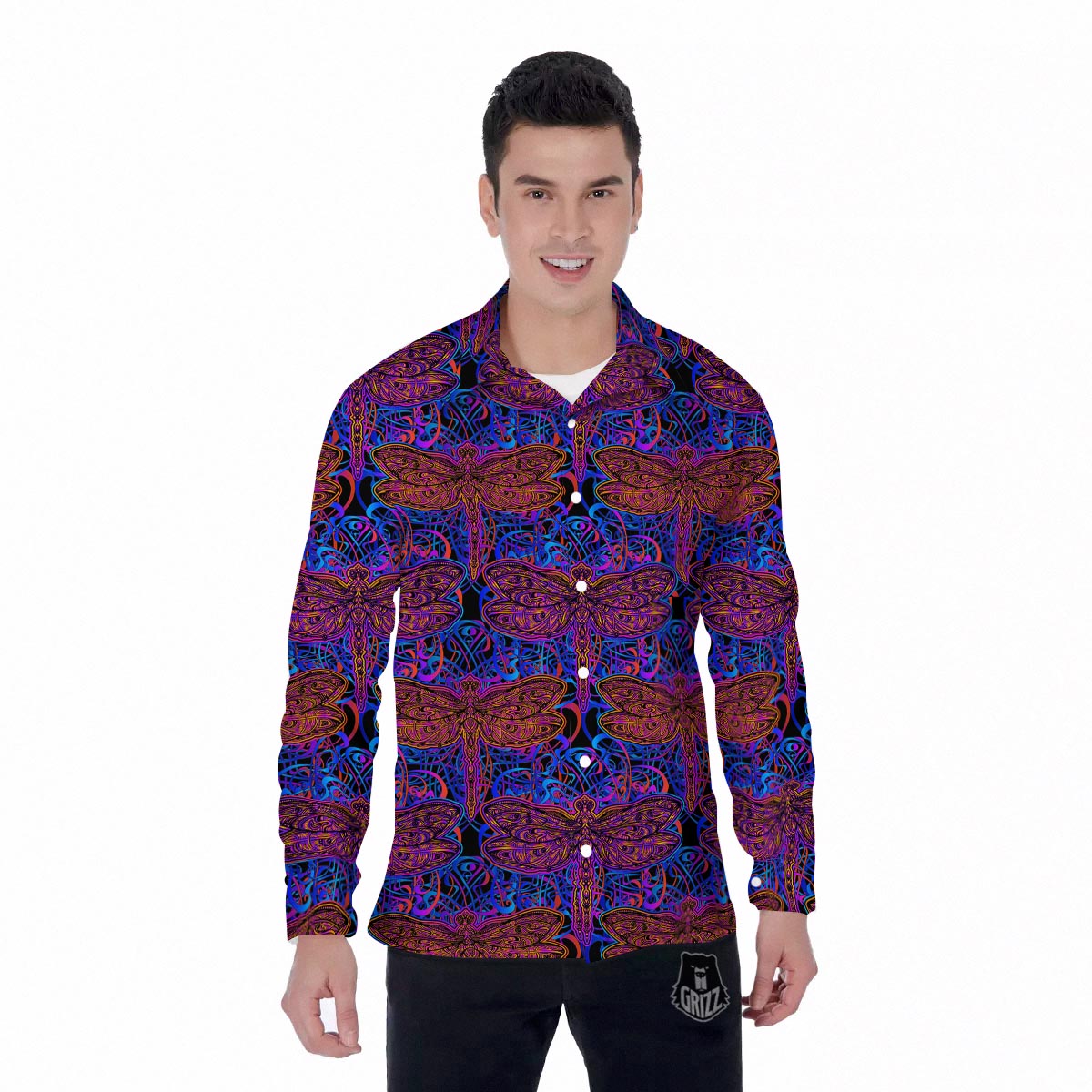 Dragonfly Trippy Print Pattern Men's Long Sleeve Shirts-grizzshop
