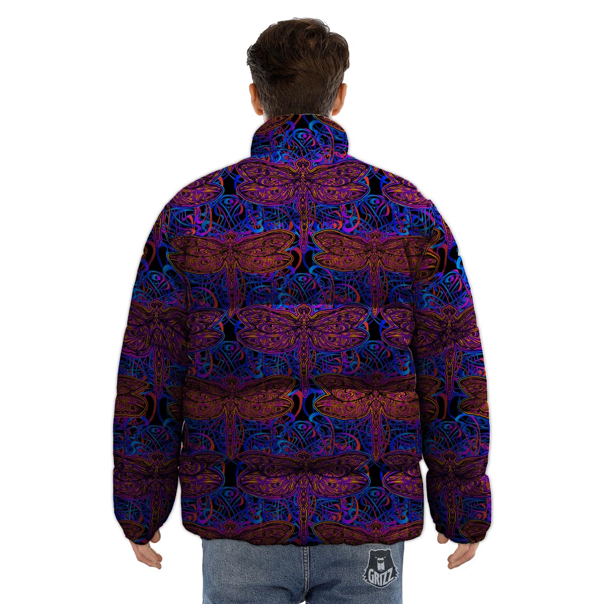 Dragonfly Trippy Print Pattern Puffer Jacket-grizzshop