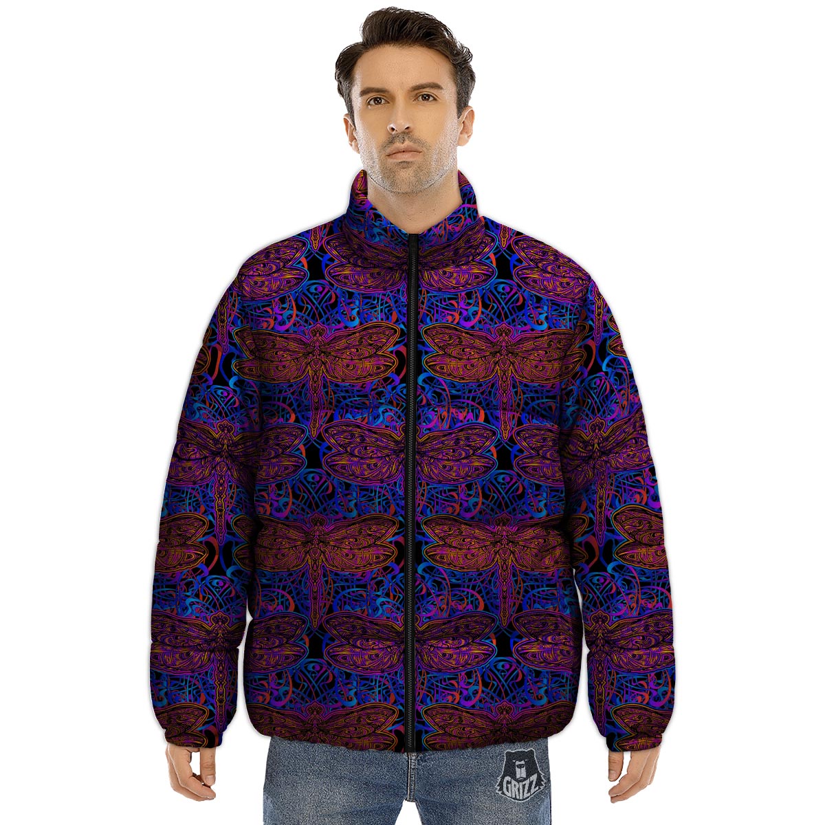 Dragonfly Trippy Print Pattern Puffer Jacket-grizzshop