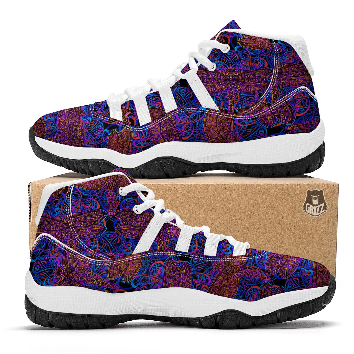 Dragonfly Trippy Print Pattern White Bball Shoes-grizzshop