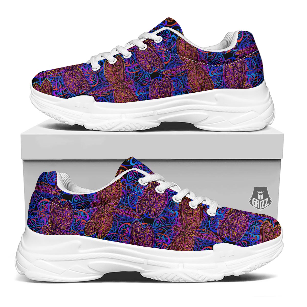 Dragonfly Trippy Print Pattern White Chunky Shoes-grizzshop
