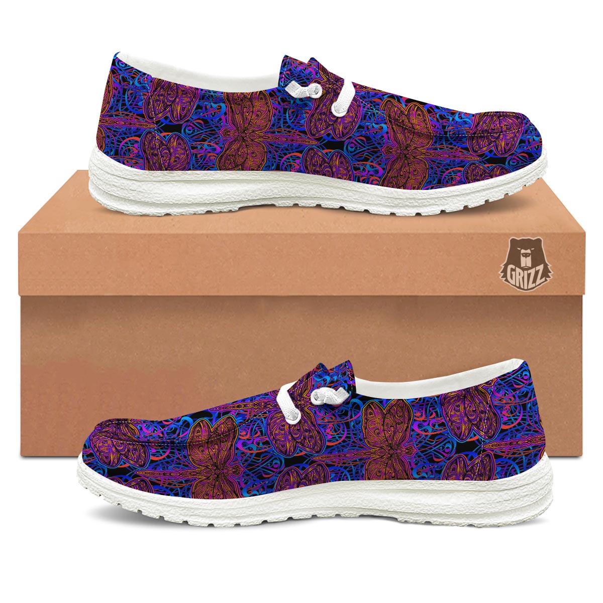 Dragonfly Trippy Print Pattern White Loafers-grizzshop
