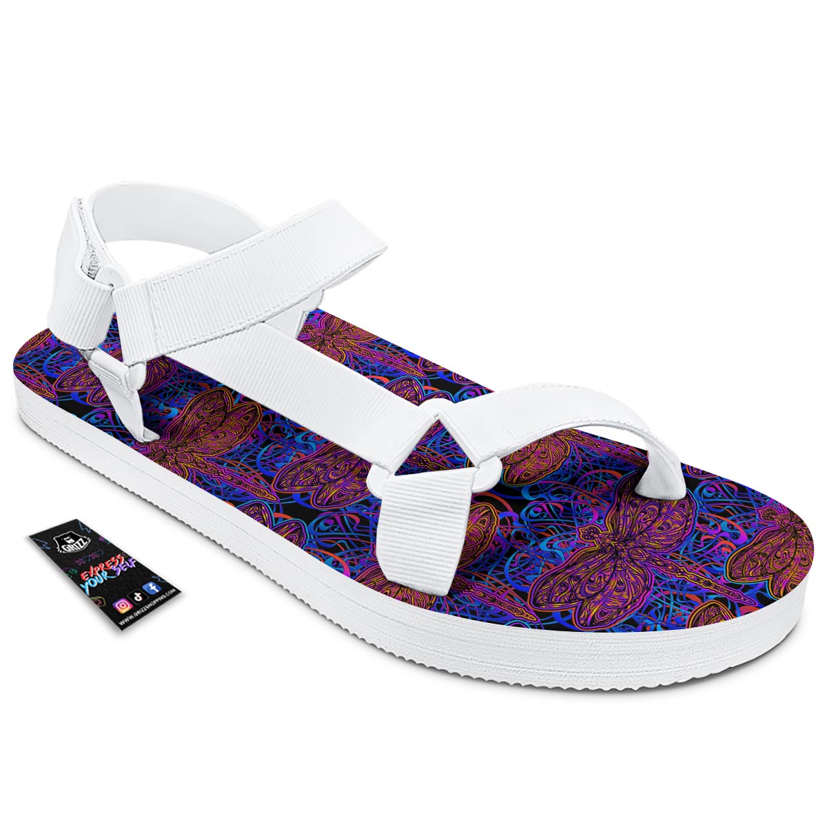 Dragonfly Trippy Print Pattern White Open Toe Sandals-grizzshop
