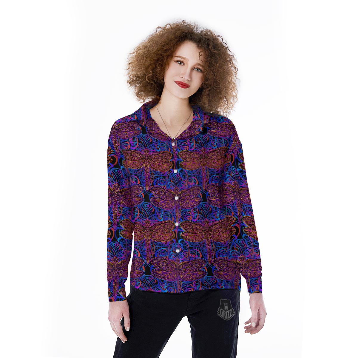 Dragonfly Trippy Print Pattern Women's Long Sleeve Shirts-grizzshop